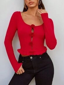 SHEIN SXY Áo thun nữ họa tiết hoa ba chiều màu đỏ ma cà rồng ngày lễ - Đỏ - Xem 1