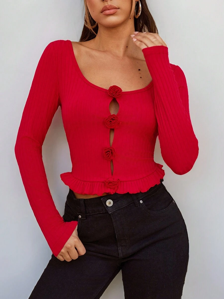 SHEIN SXY Áo thun nữ họa tiết hoa ba chiều màu đỏ ma cà rồng ngày lễ - Đỏ - Xem 1