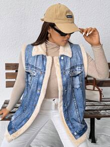 SHEIN Essnce 大码女式秋冬休闲时尚街头蓝色大码保暖牛仔效果背心夹克，秋季女装，冬季外套，羊毛夹克，保暖上衣，街头服饰，女式背心，Y2k - 藍色 - 查看 7