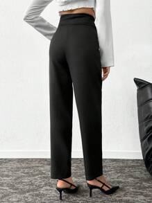 SHEIN Tall 高腰女式胡萝卜剪裁高腰机织面料优雅款式裤子，配有腰带细节 - 黑色 - 查看 2