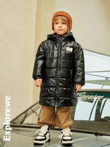 SHEIN Young Boy Winter Casual Glossy Hooded Long Length Padded Coat