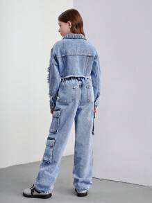 Ensemble veste en jean délavé bleu déchiré + pantalon en jean pour filles