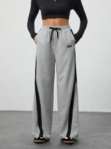 SHEIN Tall Women's Multi-Color Patchwork Sports Sweatpants Trousers - Grey - View 1