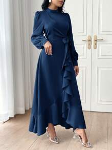 Modelyn Women Fashion Solid Color Belted Long Sleeve Dress,Elegant Evening Party Dress Long Evening Dresses