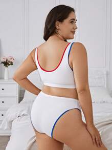 LOONEY TUNES X SHEIN Ensemble de soutien-gorge et culotte imprimé de dessin animé blanc et confortable grande taille