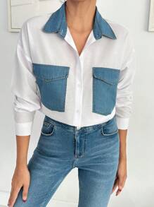 Cottnline 牛仔布口袋细节宽松白衬衫 - 藍白色 - 查看 4