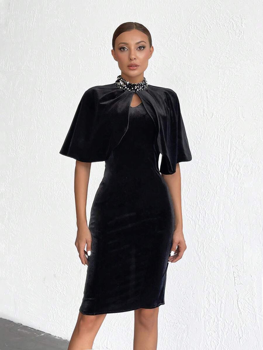 EURMUSE Elegant Velvet Sequined Mock Neck Cape Detail Dress - Black - View 1