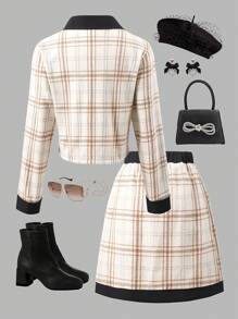 青少年女孩格子印花纽扣前领蝴蝶结装饰长袖夹克和迷你裙优雅两件套 - 杏色 - 查看 2