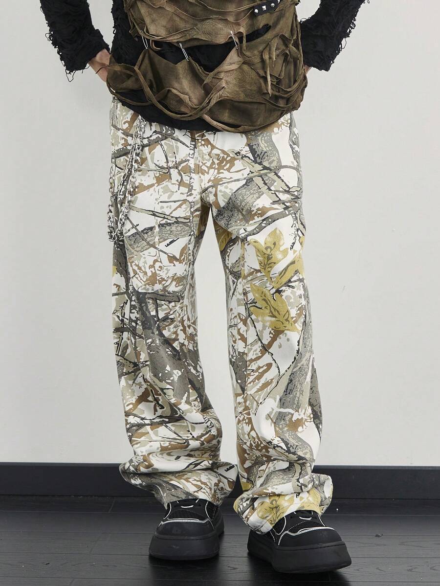 Manfinity Hypemode 男士口袋与树枝印花宽松阔腿休闲牛仔裤 - 彩色 - 查看 1