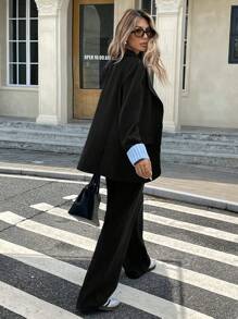 Serisse 女士秋冬条纹西装外套和裤子两件套 - 黑色 - 查看 2