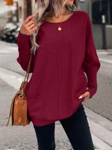 EMERY ROSE Áo len tay cánh dơi màu trơn, kiểu dáng thường ngày, có hai túi, thích hợp cho mùa thu/đông, áo len dài tay kiểu chui đầu. - Màu Đỏ Sâu - Xem 6