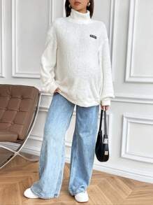 SHEIN Sudadera deportiva casual de maternidad de manga larga con cuello alto y decoración esponjosa de etiqueta, para invierno