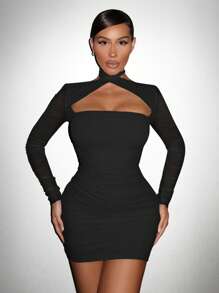 SHEIN SXY Women Sheer Mesh Crisscross Ruched Backless Bodycon Prom Dress - Black - View 5