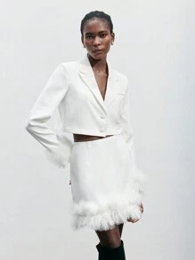 SHEIN Maija Modische weiße flauschige Patchwork Kurzblazer, elegante und lässige Oberbekleidung für Damen, Herbst/Winter - Weiss - Übersicht 1