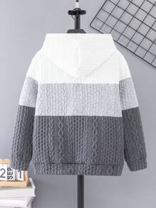 SHEIN Tween Boy Casual Long Sleeve Contrast Color Drop Shoulder Hoodie,In Fall/Winter - Grey - View 2