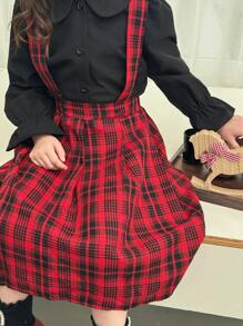 SHEIN 2 Stücke Set für Kleine Mädchen bestehend aus Langarm Hemd in Unifarbe und karriertem Trägerkleid, für den Herbst - Verschiedenfarbig - Übersicht 4