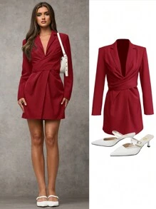 SHEIN BAE Women Burgundy Red Elegant Blazers Suit Dress,Summer Night Out Long Sleeve Lapel Twist Solid Color Simple Office Wear Business Work Fall Outfits - Burgundy - View 6