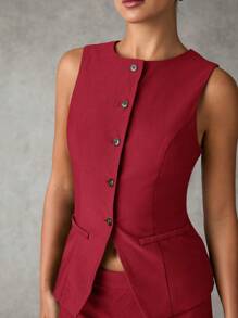 SHEIN BAE 女士夏季纯色单排扣背心和裤子日常通勤套装女士秋季套装冬季女士衣服适合办公室通勤套装，办公室警笛风格