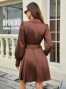 Gownix Elegant Women's Winter Long Sleeved Rust Brown Front Chest Overlapping Wrap, Cuffs With Pleated Satin Waistband, A-List Dress - Brown - View 7