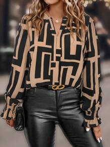 Plus Size Printed Woven Casual Regular Fit Shirt, For Autumn Fall Cloth For Women - Apricot - View 4