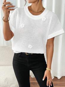 SHEIN Frenchy 女士休闲纯色蝙蝠袖 3D 花朵针织毛衣