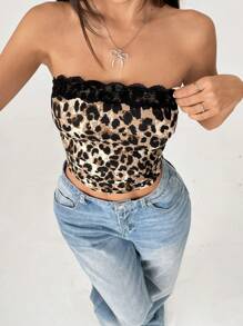 SHEIN PETITE 女士豹纹蕾丝边抹胸上衣