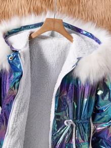 SHEIN Tween Girl Laser Design Drawstring Waist Fluffy Collar Hooded Thicken Jacket, Winter - Red Violet - View 3