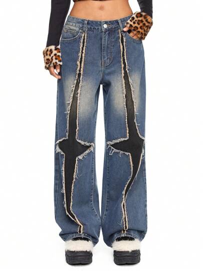 Fairycore Women's Distressed Denim Five-Pointed Star Printed Straight Leg Jeans, Street Punk Y2K Style