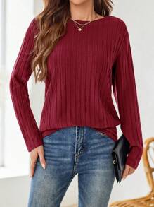 EMERY ROSE T-shirt à manches longues et col rond bleu marine pour femme en automne - Rouge foncé - Voir 4