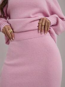 COSMINA 2pcs/Set Women Casual Pink Color Sweater & Extended Length Skirt Set, Autumn/Winter - Baby Pink - View 10
