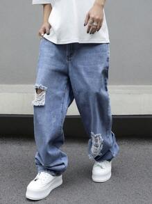 Manfinity EMRG Men's Casual Distressed Loose Jeans, Men Ripped Jeans, Baggy Jeans, Men Loose Fit Jeans - Medium Wash - View 8