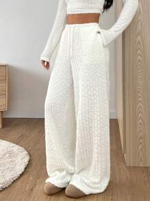 SHEIN EZwear Quần ống rộng màu trơn thường ngày cho nữ, dành cho mùa thu và đông - trắng - Xem 6