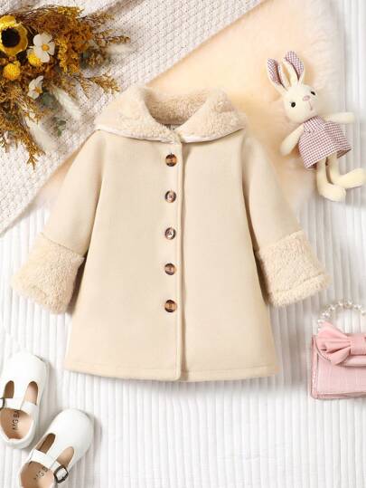 SHEIN Playful Pals Baby Mädchen flauschiger Kragen Druckknopf Langarm A-Linie Windjacke, modisch für den Outdoor-Bereich, Winterkleidung