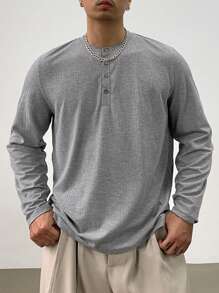 DAZY 1pc Men Plain Color Front Button Long Sleeve Casual T-Shirt Fall,Winter - Grey - View 4