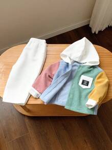 SHEIN 2pcs Set Baby Boy Colorful Monotone Contrast Color Hooded Loose Drop Shoulder Lightweight Jacket Top & White Long Pants Casual Outfit, Soft Corduroy Fabric Suitable For Daily Wear, Indoor, School, Travel