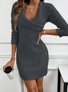 EMERY ROSE Turndown Collar Knitted Long Sleeve Comfortable Sweater Dress Fall Winter Cloth For Women - Grey - View 6