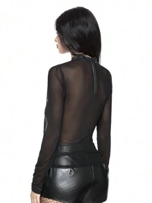 ROMWE Goth Y2K Sexy Minimalist Cross Patch Sheer Mesh Crop Top