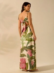 CAJUNI 女式波西米亚风香蕉树印花无袖细肩带系腰连衣裙，休闲海滩度假夏季 - 彩色 - 查看 3