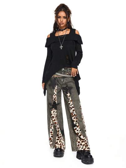 Grunge Punk Leopard Print Patch Pocket Casual Versatile Jeans
