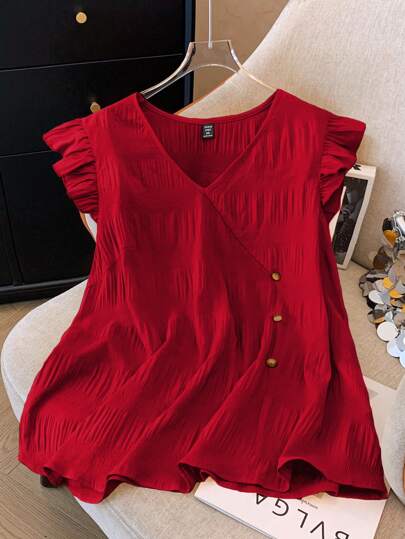 SHEIN LUNE Camisa Casual com Botões, Mangas Curtas com Babados e Decote em V, na Cor Sólida para Roupas de Ano Novo, Plus Size Feminino