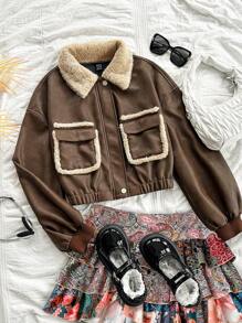 Soleia 女士休闲棕色 PU 皮革拼接毛领前开短款休闲夹克，休闲豹纹秋季夹克 - 棕色 - 查看 2