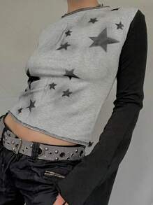 INAWLY Women Casual Autumn Colorblock Patchwork Star Print Cropped T-Shirt - Grey - View 1