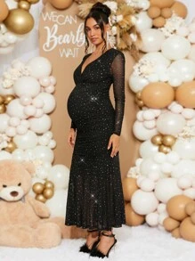 Loomaby Pregnant Women Elegant Rhinestone Mesh Fishtail Bodycon Long Sleeve Dress For Party, Baby Shower Party, For Maternity - Black - View 3