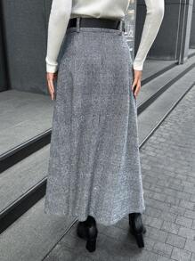 EURMUSE Women Check Pattern Midi Skirt With Belt Detail - Grey - View 2