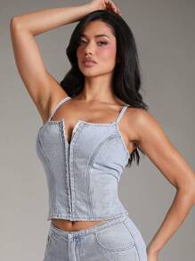 Denimoi Premium Hook & Eye Denim Corset Cami Top - Light Wash - View 7
