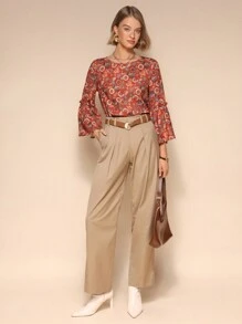 Almamuse Women's Elegant Floral Print Round Neck Long Sleeve Blouse