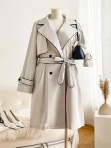 SHEIN Frenchy Plus Size Black Contrast Trim Detail Fall Trench Coat