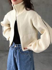 FRIFUL Áo khoác cardigan dáng rộng cổ cao, khóa kéo phía trước, đơn sắc, thời trang thu/đông, tay dài, quần áo nữ mùa thu - Màu be - Xem 1