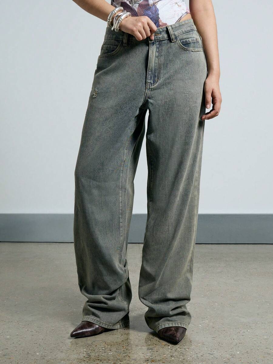 AiiRZ 破洞低腰宽松牛仔裤