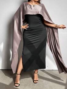 SHEIN Unity Plus Size Women Elegant Color Block Two-In-One Patchwork Contrast Color Dress Maxi Women Outfit - Multicolor - View 4